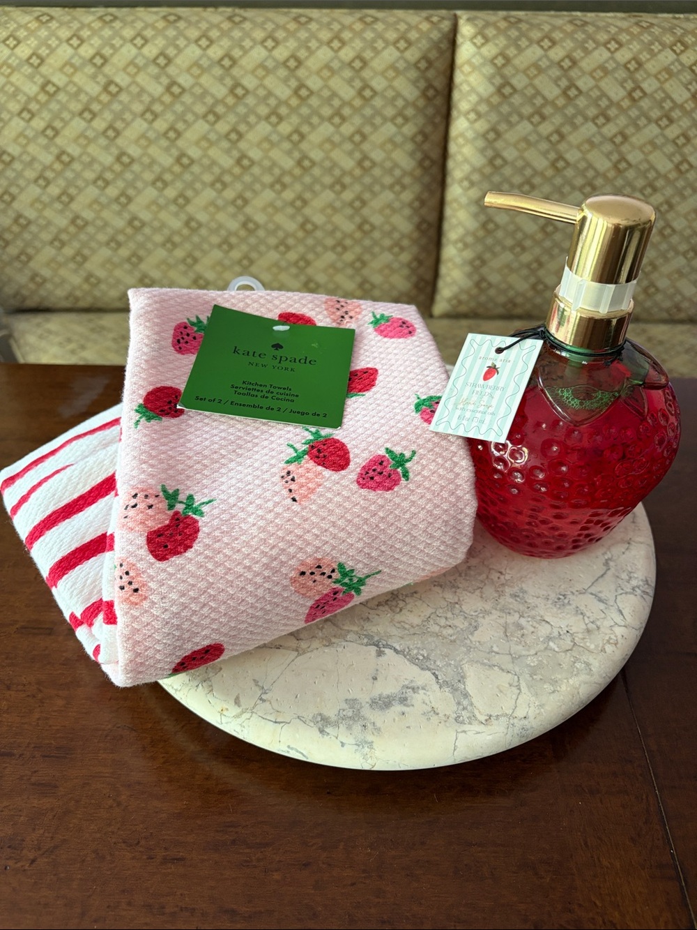 NWT kate spade 2 pack kitchen towels and 16oz, Strawberry Fields hand soap